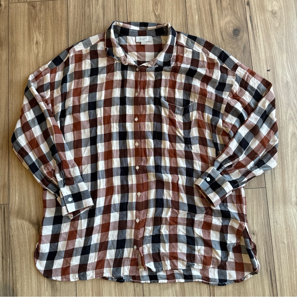 LOFT Shirt Womens XL Colorful Plaid Long Sleeve Cotton Button Up Preppy